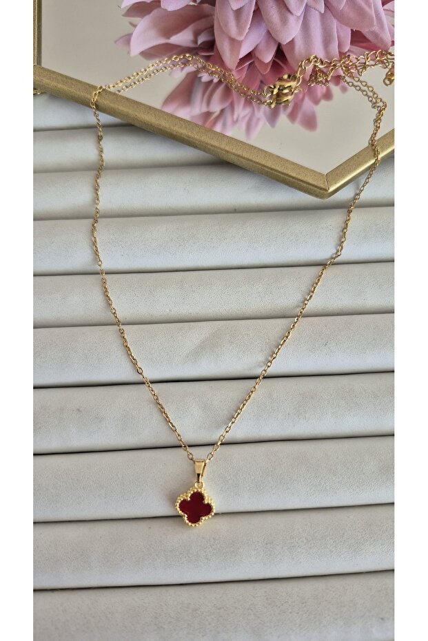ÇELİK MİNİMAL BORDO CLEEF KOLYE - 3