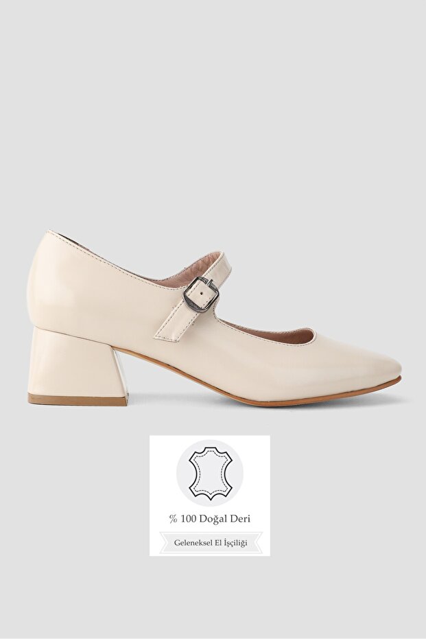 Women's Beige Patent Leather Khaki Leather Mary Jane Strap Shoes with Medium Heel, Sizes 33-34-35-41-42-43