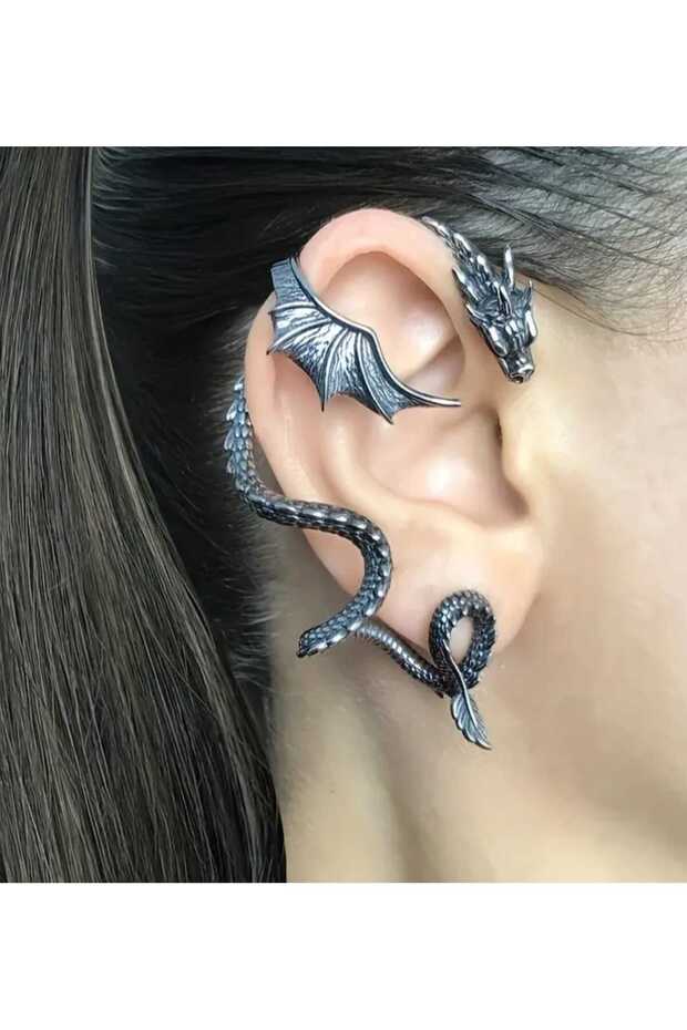 Ejderha Model Gotik Tasarım Sağ Kulak İçin Tek Adet Siyah Renk Çelik Vidalı Çivi Stil Çelik Küpe - 1