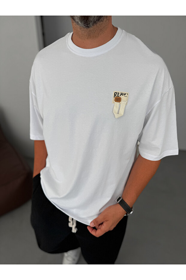 Beyaz Ready İpli Patchli Oversize T-Shirt BY-084 - 2