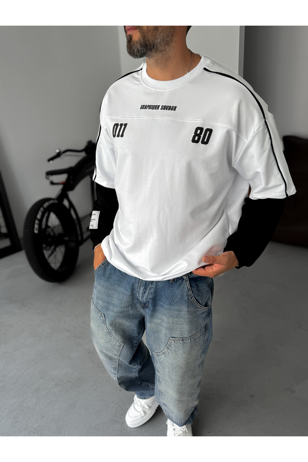 Beyaz Graphique Embossed Patchwork Sweatshirt Jj-106 - 2