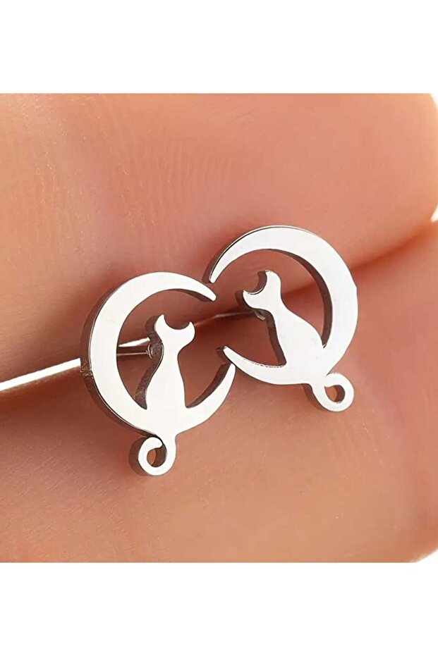 Cat Sitting on a Crescent Moon Model Nail Style Minimal Steel Earrings Suitable for Daily Use
