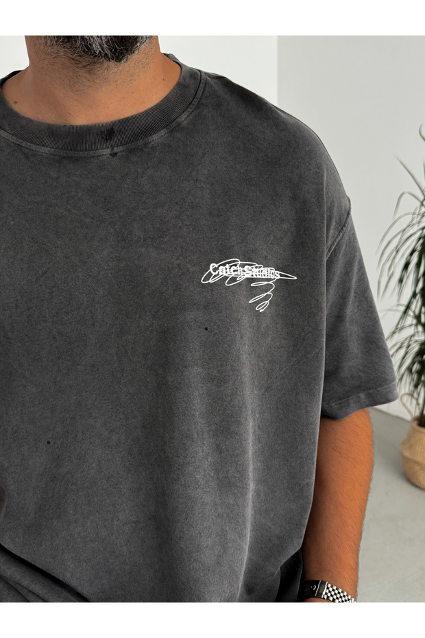 Siyah CS Baskılı Yıkamalı T-Shirt C-033 - 5