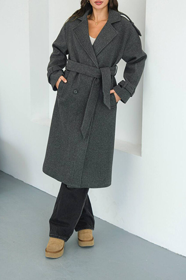 Women's Anthracite Cashmere Coat with Shoulder Details Nbmylk34