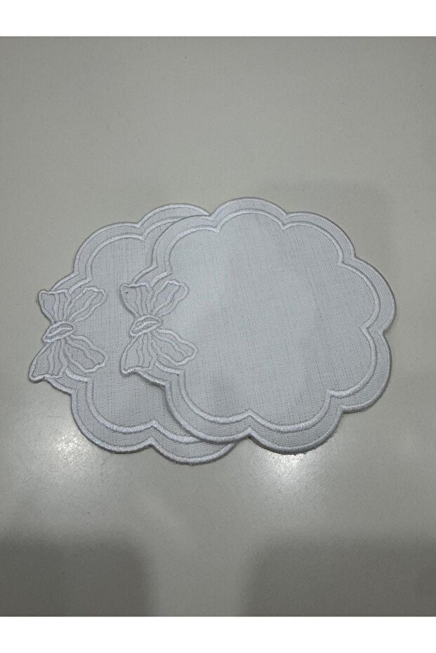 2 Pieces of Linen Bow Embroidered Coffee Side Cocktail Napkin & Coaster.