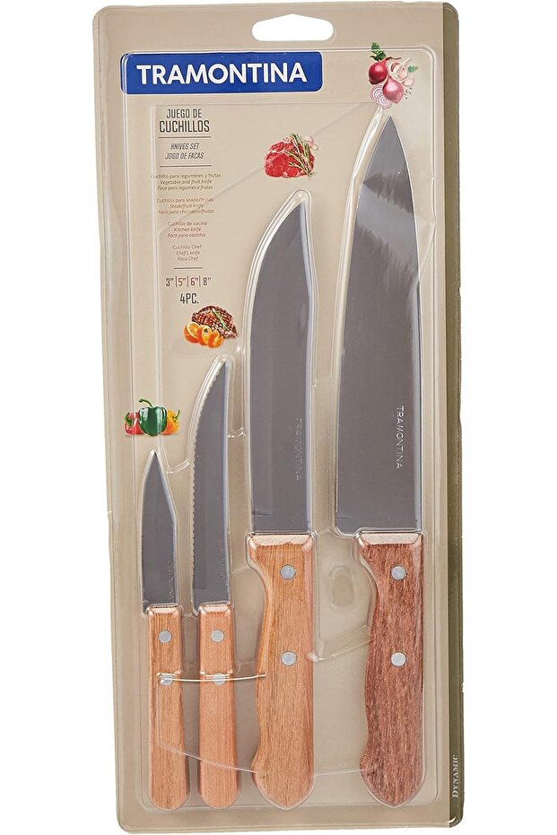 Dynamic 4 Pieces Knife Set with Stainless Steel Blade and Natural Wood Handle