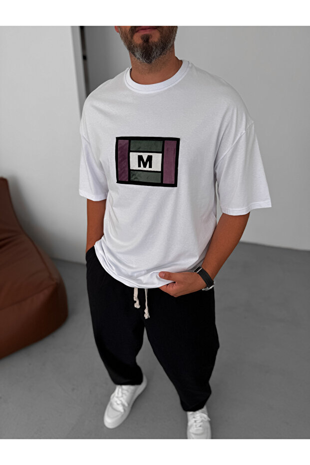 Beyaz Renkli M Patchli Oversize T-Shirt BY-072 - 1