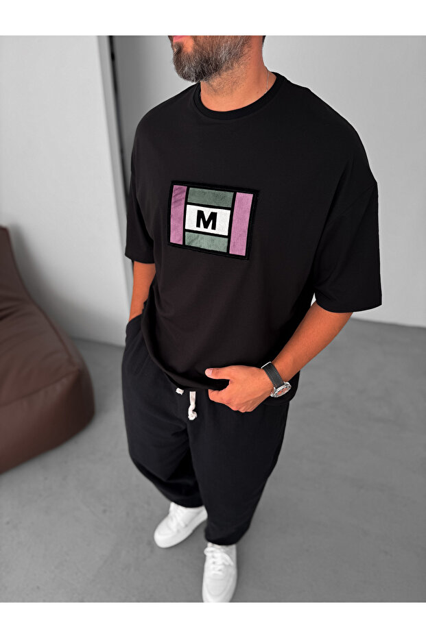 Siyah Renkli M Patchli Oversize T-Shirt BY-072 - 2
