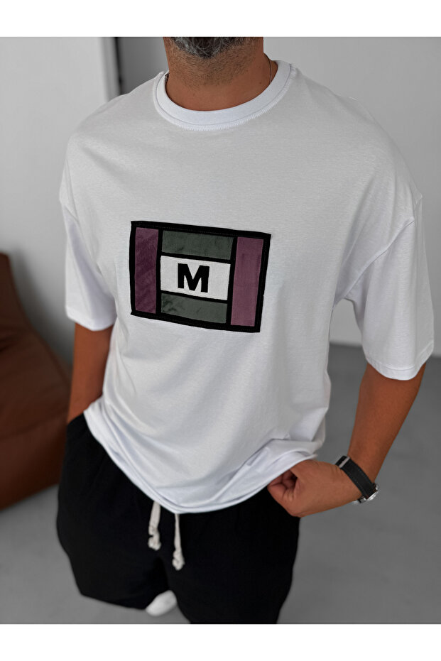 Beyaz Renkli M Patchli Oversize T-Shirt BY-072 - 3