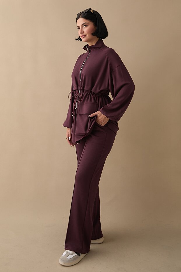 مجموعة من قطعتين من قماش البوليستر بلون البرقوق مع جيوب مزدوجة - 3