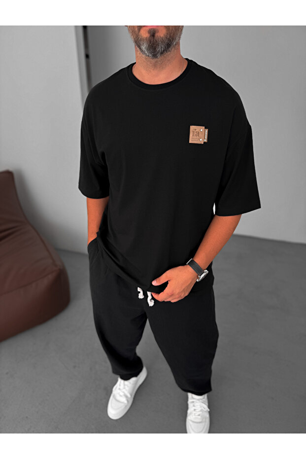 Siyah Fa Patchli Oversize T-Shirt BY-082 - 1