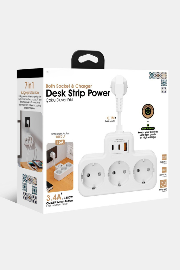 Akım Korumalı Grup Priz Duvar Tipi 3x Priz, 2x Type-C, 1x USB Port Çıkışlı Çoklu Priz - 5