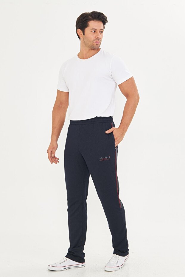 Men's Cotton Zippered Pocket Striped Sweatpants Navy Blue 19218-L