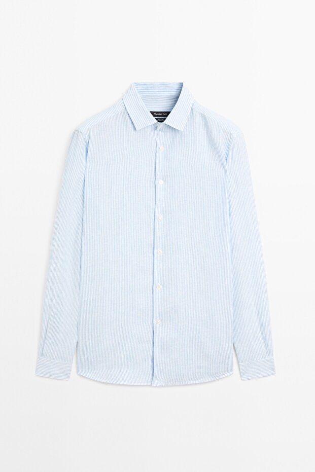 Çizgili slim fit %100 keten gömlek - 5