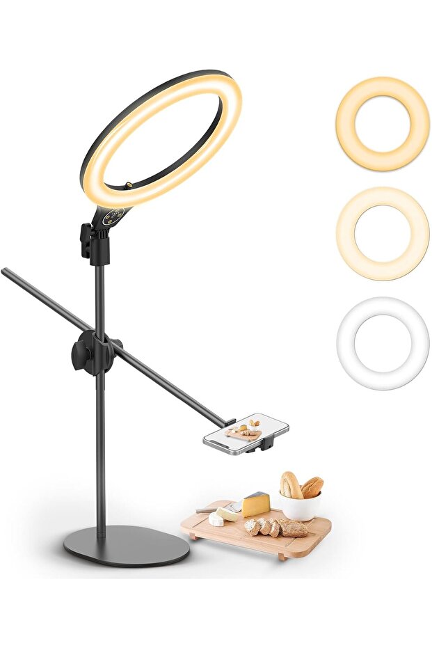 [Upgraded Base] Ring Light Desk with Horizontal Boom Arm, 10" Ring Light with Phone Tripod Stand, 35