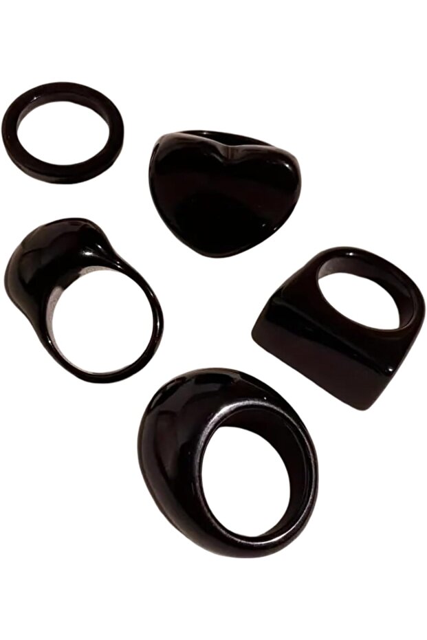 Vintage Boho Style Resin Ring Set- 5 Pieces, Black, Assorted Geometric and Heart Shapes