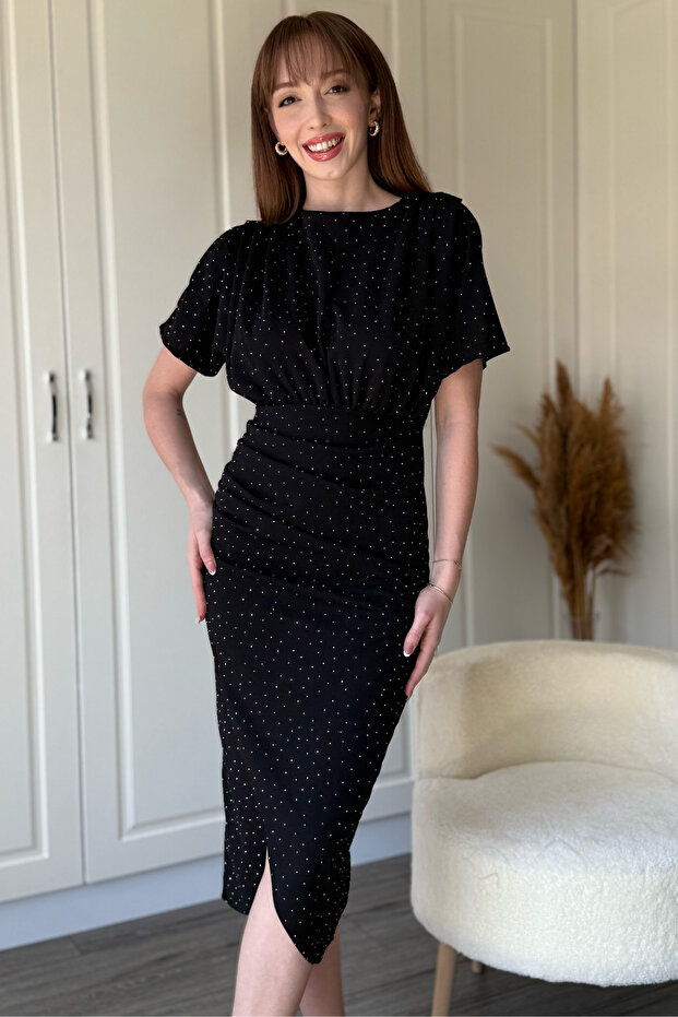 Kısa Kollu Drapeli Taşlı Midi Siyah Elbise - 6