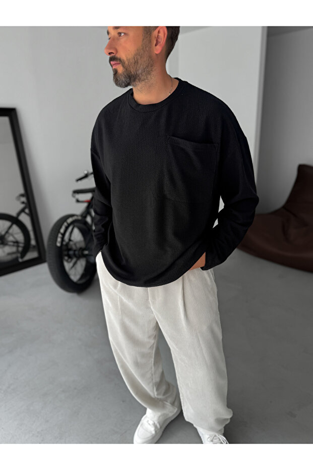 Siyah Dokulu Örme Cepli Sweatshirt TW-1561 - 3