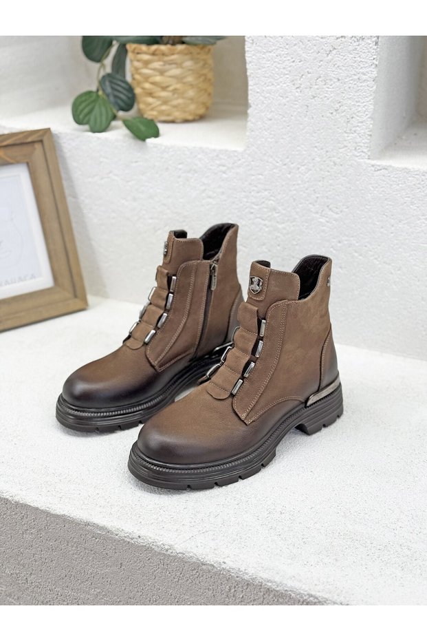 2353524K Khaki Leather Boots with Metal Detail on the Front for Women