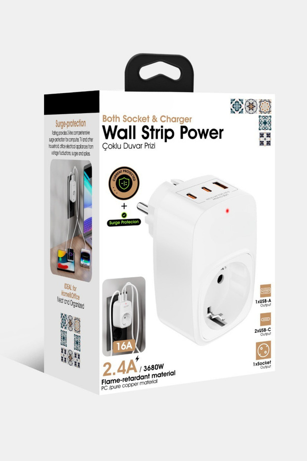 Akım Korumalı Priz 1x Priz, 2x Type-C, 1x USB Port Çıkışlı Tekli Priz - 5