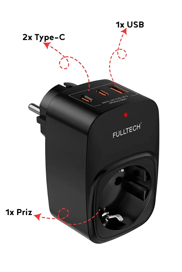 Akım Korumalı Priz 1x Priz, 2x Type-C, 1x USB Port Çıkışlı Tekli Priz - 4