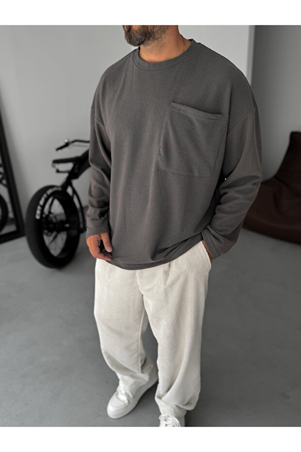 Antrasit Dokulu Örme Cepli Sweatshirt TW-1561 - 2