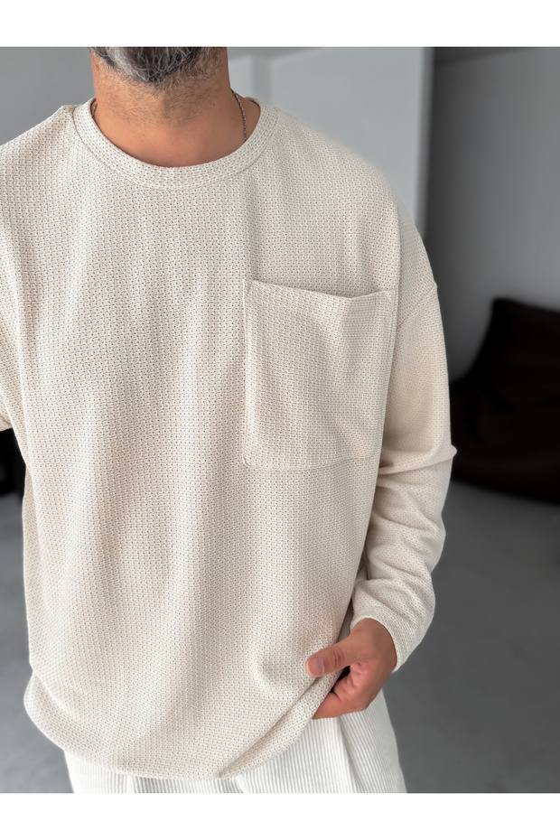 Bej Dokulu Örme Cepli Sweatshirt TW-1561 - 4