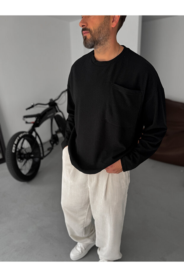 Siyah Dokulu Örme Cepli Sweatshirt TW-1561 - 2