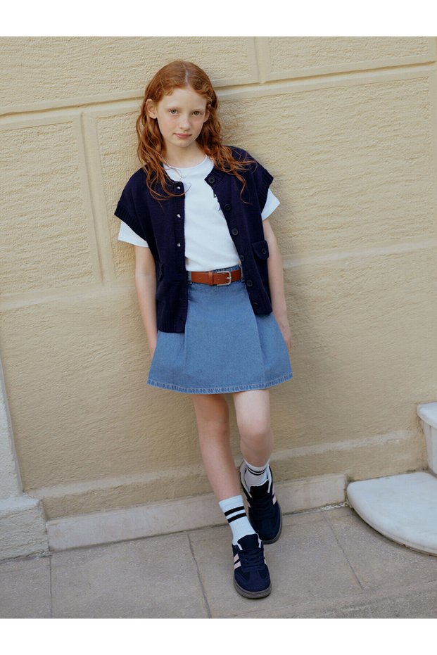 Lcw Kids Indigo Waist Elastic Pleated Girls Jean Shorts Skirt