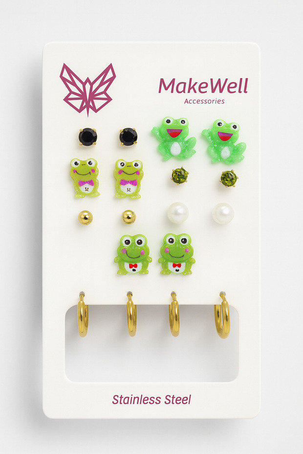 Steel Hoop Earrings Set of 9: Bear, Kuromi, Labubu, Frog, Cat, Cherry, Strawberry, Zircon, Solitaire