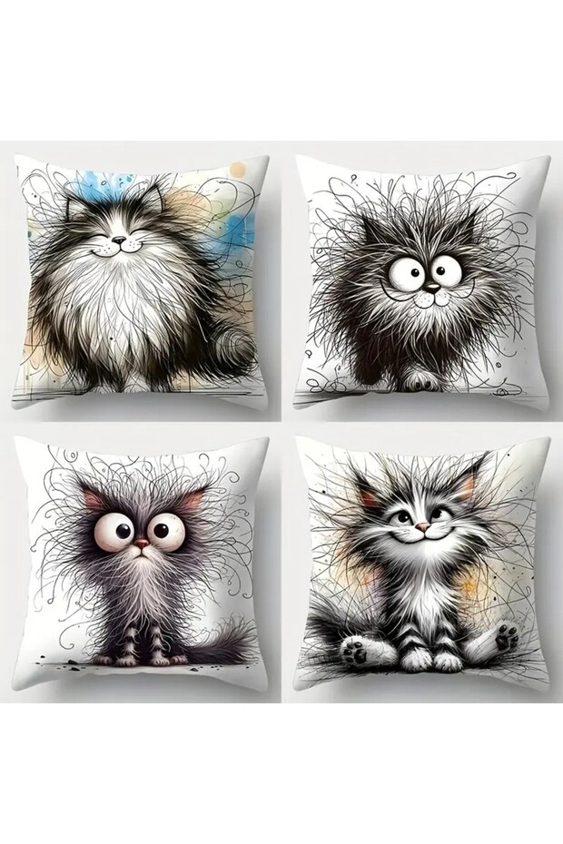 Set of 4 Cute Cat Decorative Pillowcases