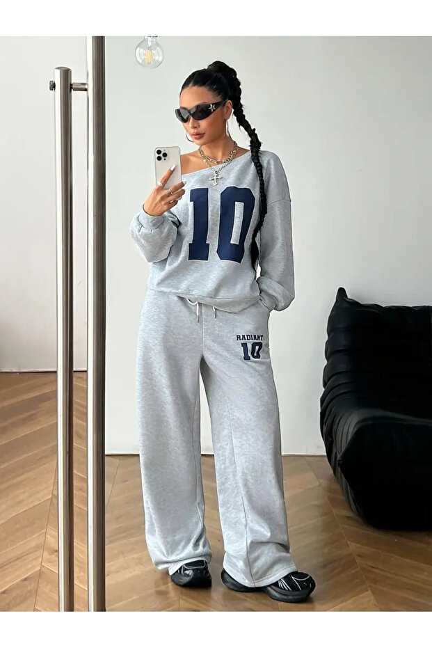 Women's Gray Boat Neck 10 Printed Sweatshirt White Waist Detailed Sweatpants Double Bottom Top Set