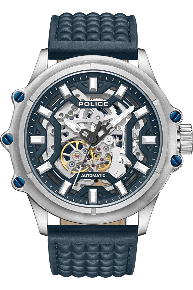 Luang White Dial Navy Blue Leather Strap Gents Automatic Watch With Stainless Steel Case