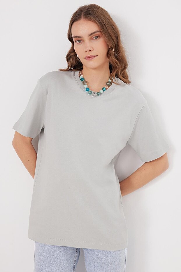 Women's Relax Fit Comfortable Cut 100% Cotton Soft Textured Basic Crew Neck Gray T-Shirt Blouse