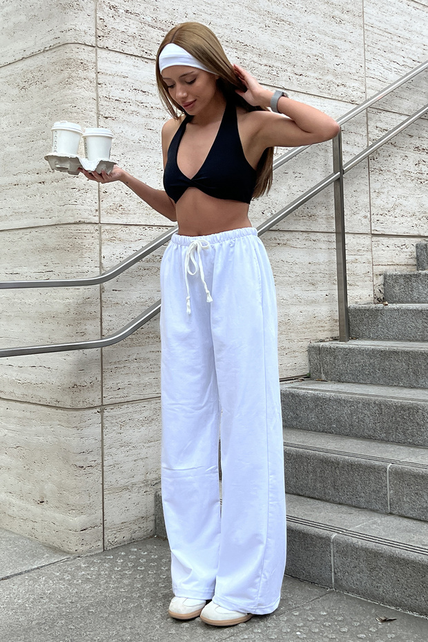 Women's White High Waist Two Thread Wide Leg Palazzo Sweatpants