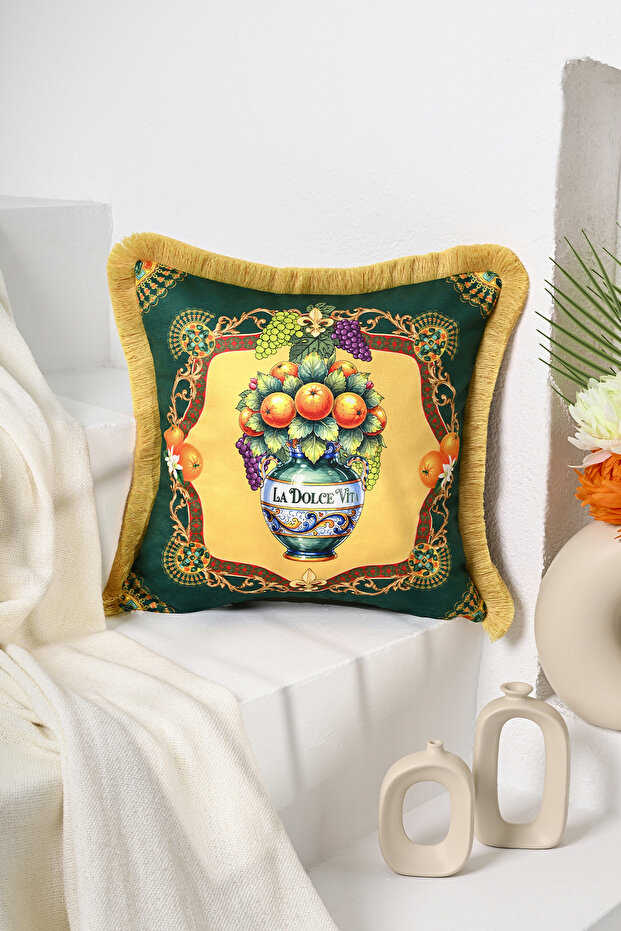 La Dolce Vita Vase Patterned Italian Style Fringed Velvet Throw Pillow Cover - 43X43Cm