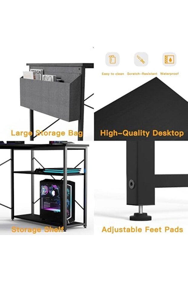 SKY-TOUCH L-Shaped Computer Desk, Study Desk, Corner Gaming Table, with Storage Bag & Storage Shelve - 8