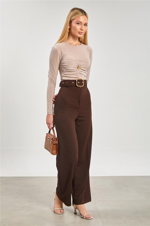 Women's Belted Wide Leg Fabric Trousers - Brown