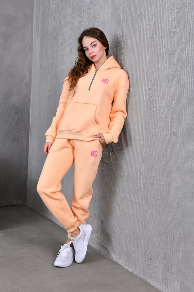 طقم بدلة رياضية مطبوعة بقلنسوة وسحاب من الداخل مع قطع كبير من الف fleece