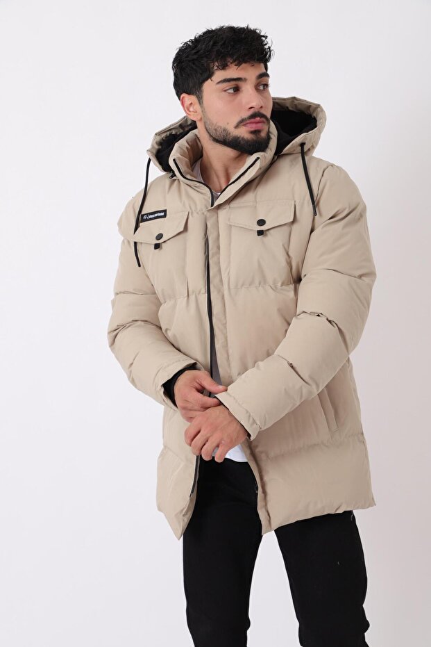 Long Puffer Coat with Chest Pockets and Fur Lining Pldp 2957_50456