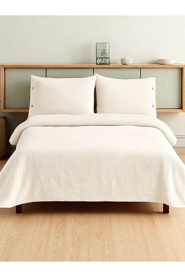 %100 Pamuk 4 Katlı Çift Kişilik Müslin Yatak Örtüsü Takımı Yatak Örtüsü Seti - Beyaz - 1