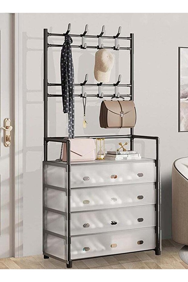 RollsTimi 5-Tier Coat and Shoe Rack, Dust Prevention Shoes Shelf Entryway, 3-in-1 Coat Hanger and