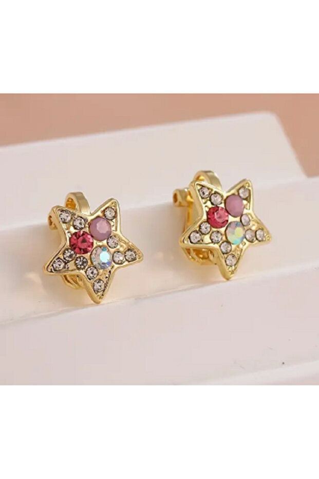 Stone Star Shaped Gold Clip Earrings