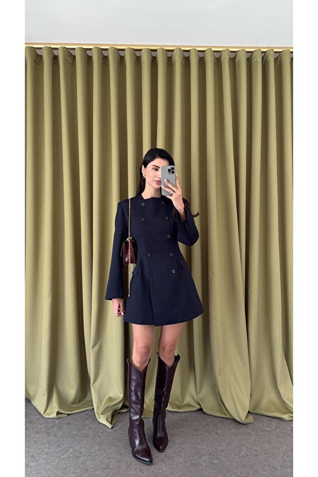 Buttoned Navy Blue Jacket Dress