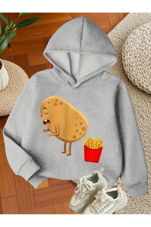 Funny Potato and French Fries Printed Casual Hooded Sweatshirt for Kids
