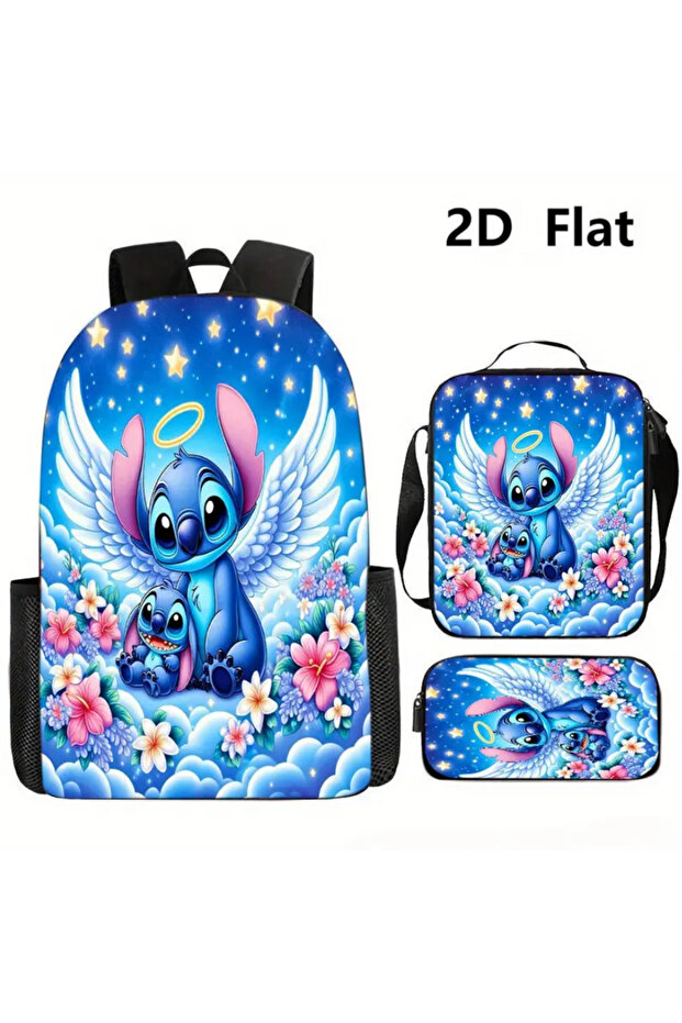 3 Piece Stitch School Bag Set Floral Star Girl's Stitch School Bag Set with Pencil Holder