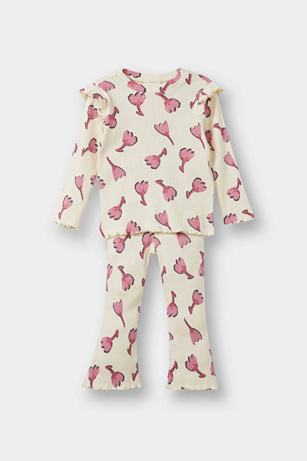 F3714 Ecru Baby Girl 2-Piece Set Floral Ribbed Camisole Sweatshirt Flared Leggings