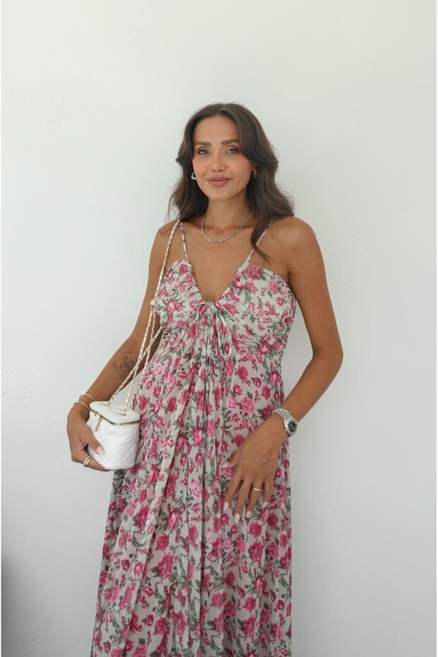 Pembe İp Askılı Şifon Elbise - 2