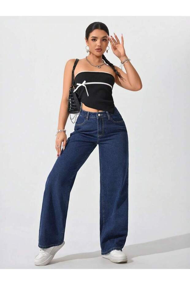 Cante Women's Navy Blue Loose Lycra High Waist Wide Leg Denim Pants Palazzo Jeans