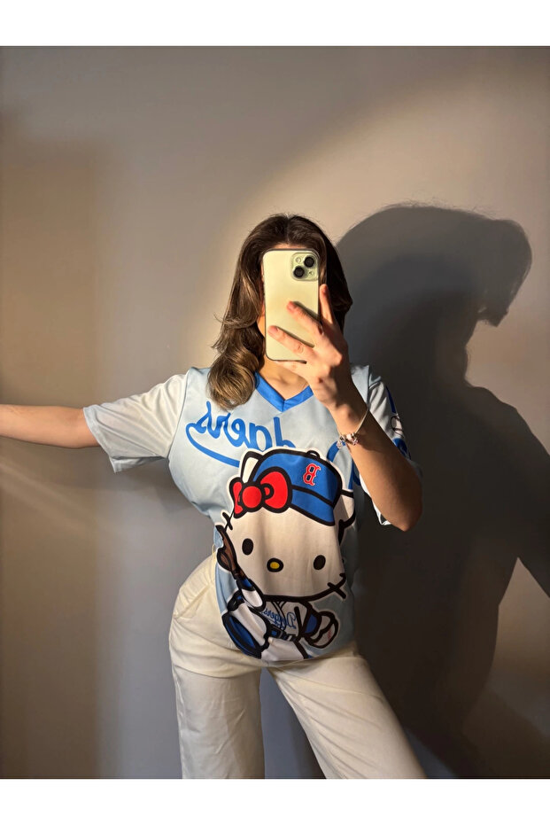 Hello Kitty Blue Baseball Design Oversize Unisex T-Shirt